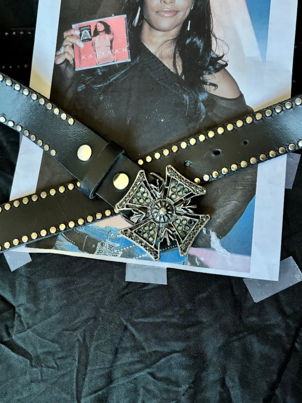 Vintage 2000s black leather studded cross belt